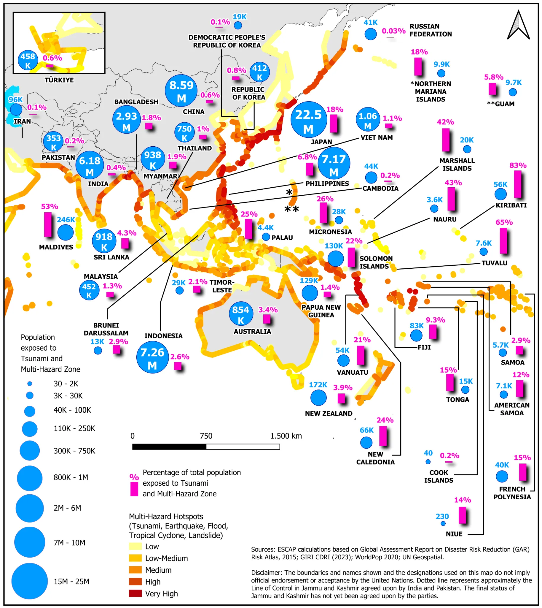 Map showing population exposed to earthquake-induced tsunami and multi-hazard hotspots across Asia-Pacific countries, from low to very high hazard levels