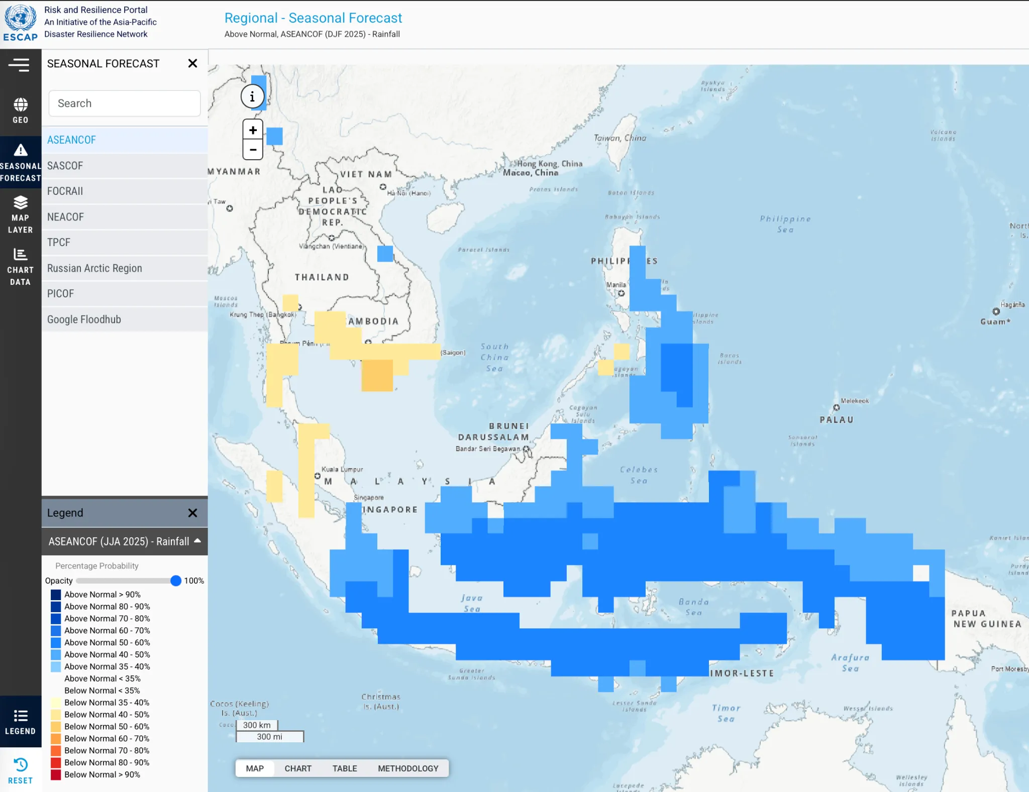 Seasonal forecast portal map showing below normal, near normal and above normal rainfall regions